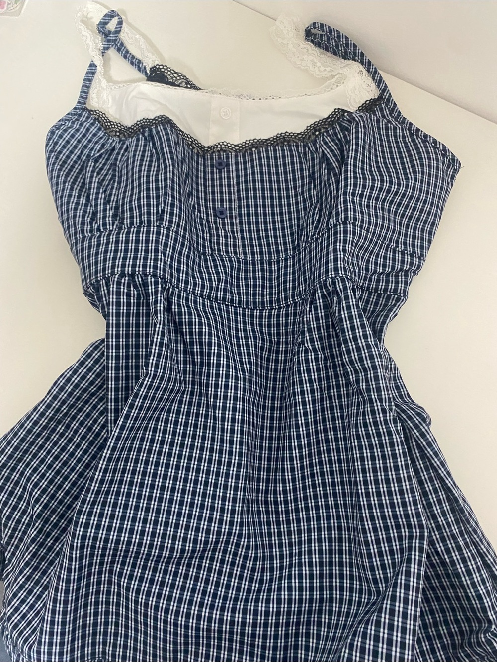 Blue Plaid Babydoll with Lace Trim